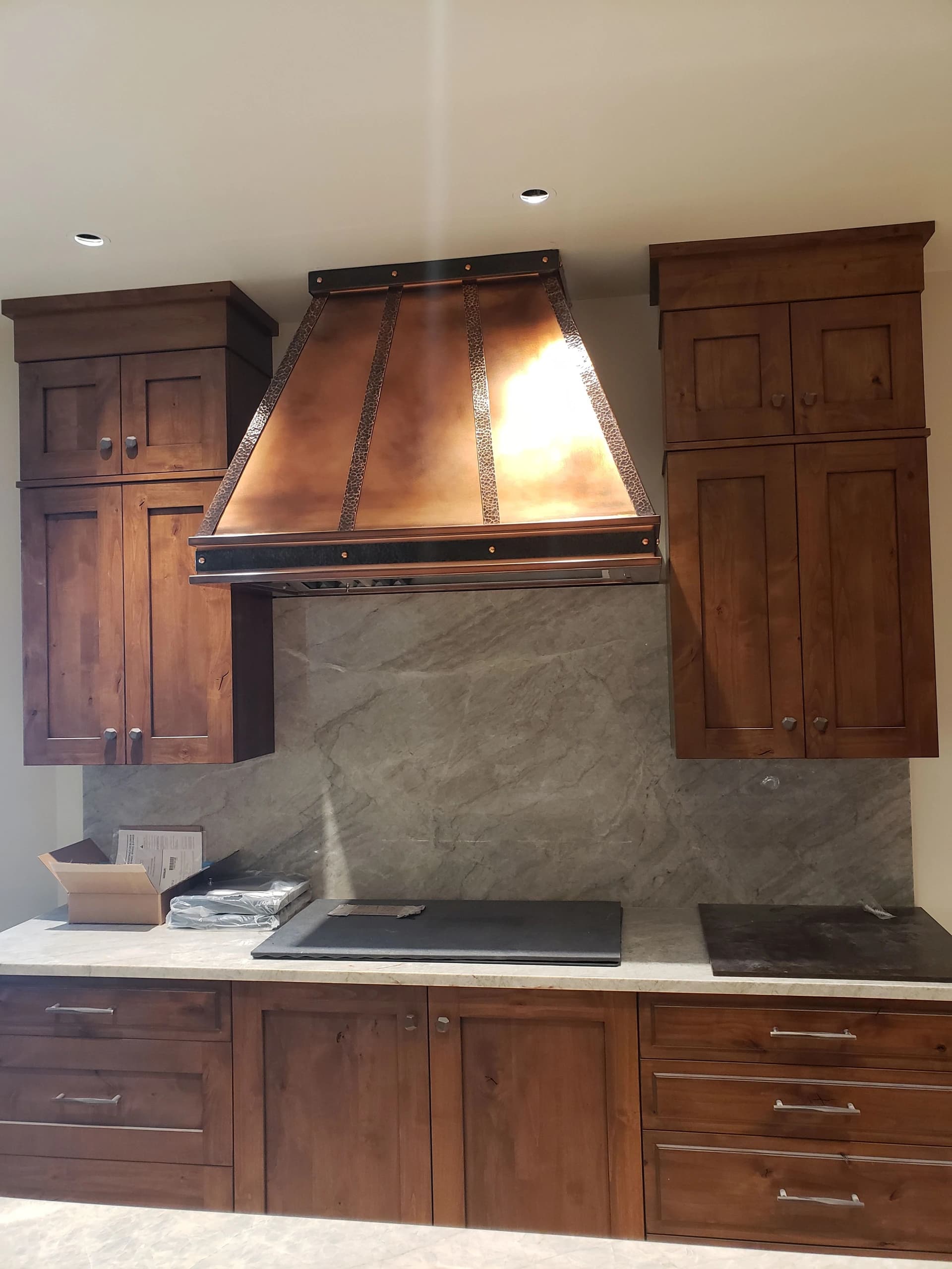 custom copper range hood riveted straps kitchen sheet metal fabrication